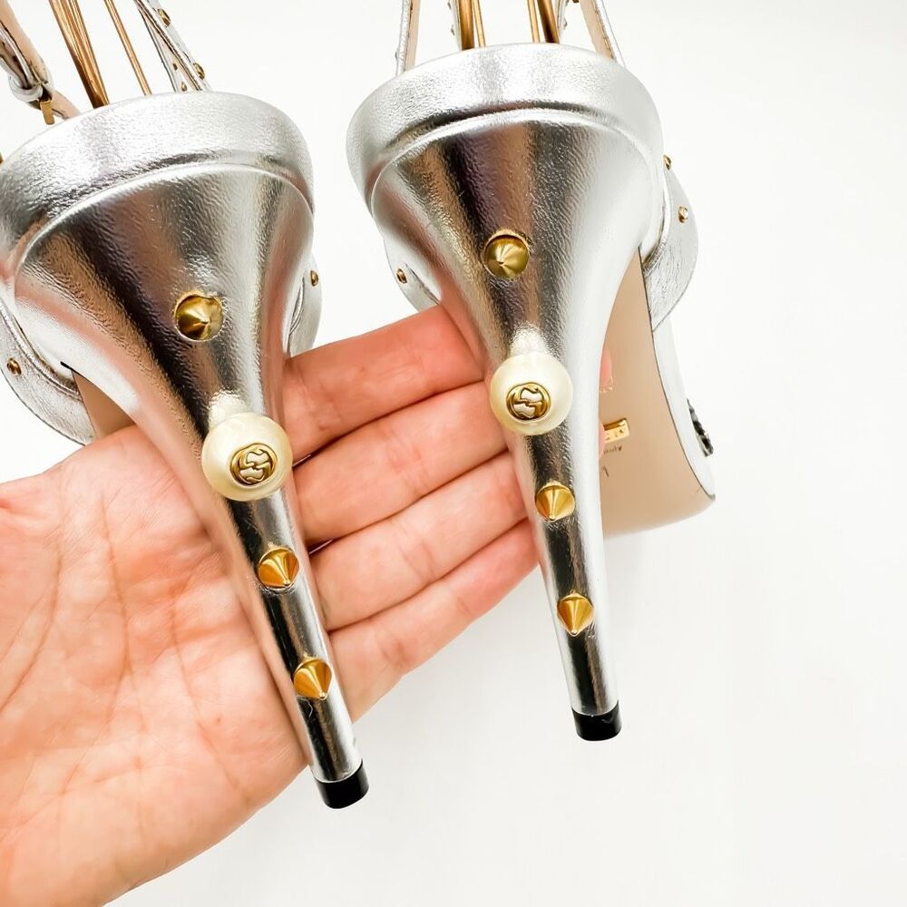 Gucci GG Wangy Crystal Embellished Silver Spike Studded Heels New EU 41 US 11 - Picture 8 of 15